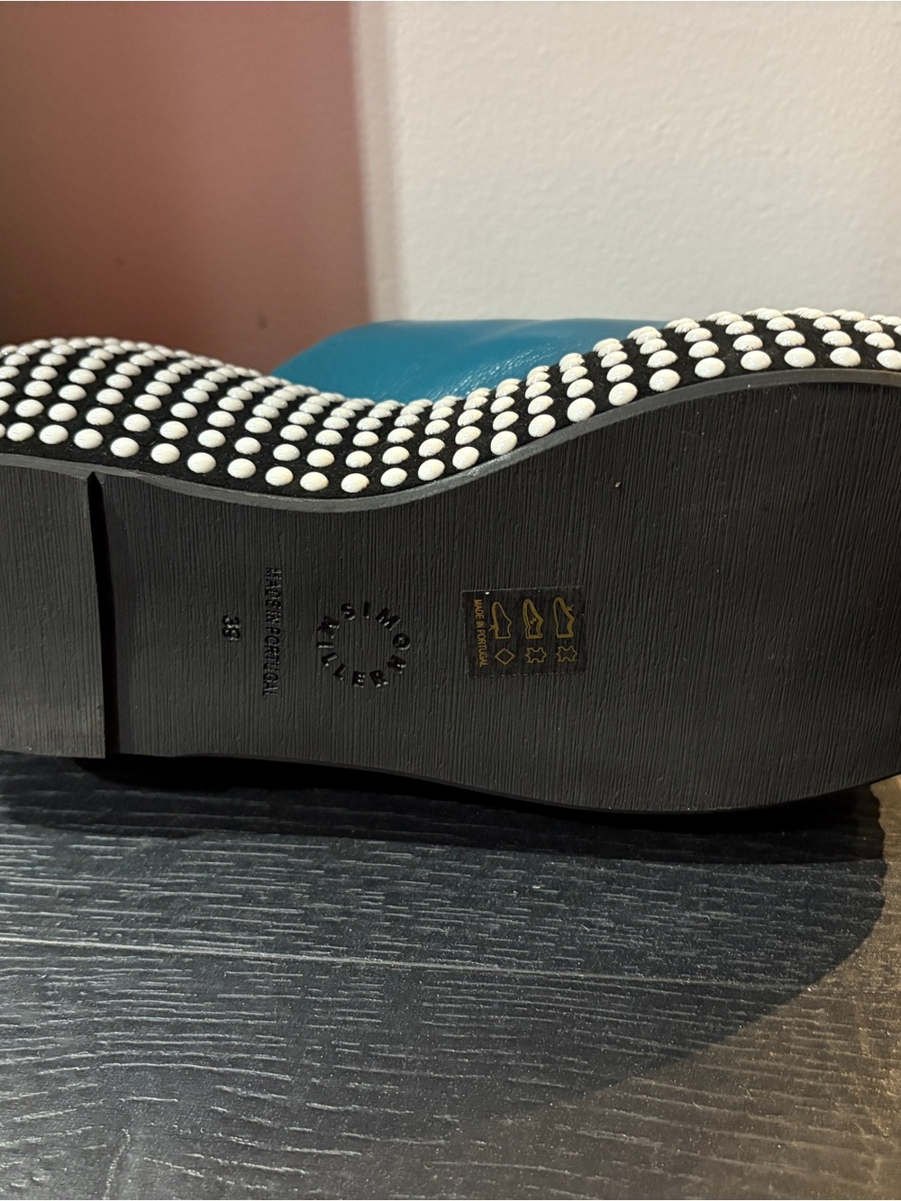 Simon Miller Teal Platform Mule with Black-and-White Studded Wedge - Picture 4 of 4
